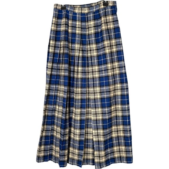 Vintage 100% Wool Blue Plaid Pleated Maxi Wrap Skirt Academia M - Picture 2 of 8